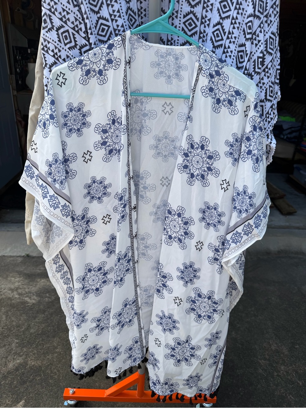 White and Navy Floral Open-Front Kimono Coat